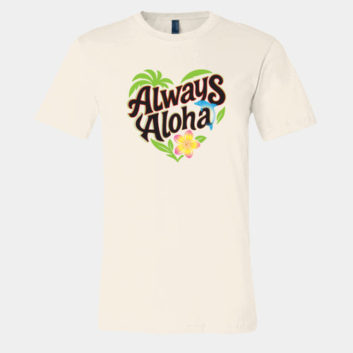 Beige t-shirt with 'Always Aloha' text and tropical graphics on a light gray background